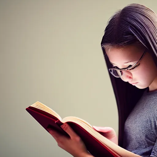 Image similar to photograph of a girl reading book, her hair flowing down. Extremely detailed. 8k