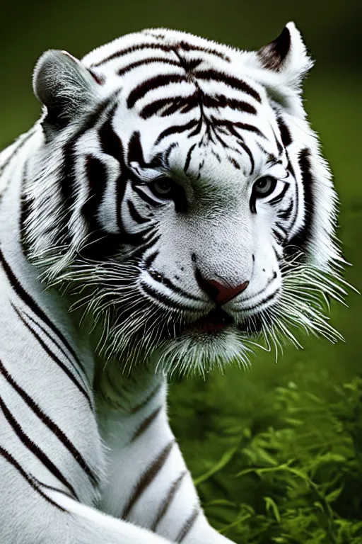 Prompt: beautiful photo of a white tiger in a rain forest in the early hours of the morning with morning fog and dew on the grass. sunrise. nature. photography. national geographic. detailed face and fur, ultra hd, sharp. volumetric lighting, hasselblad. nikon z 9. 1 0 0 mm. f / 2. 5