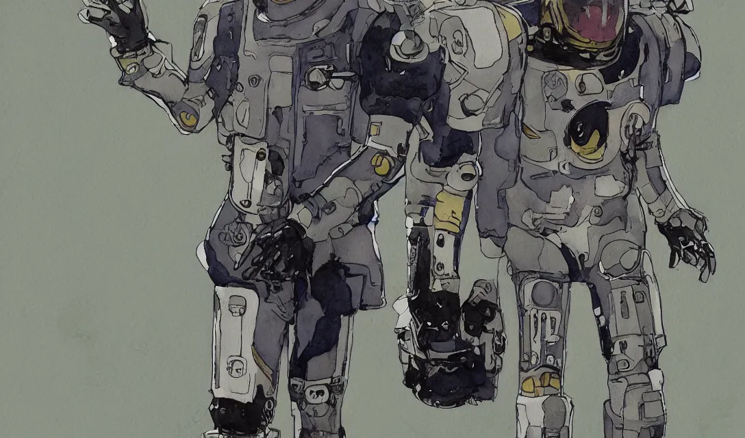 Image similar to male, full body, modern space suit, very stylized character design, large shoulders, short torso, long thin legs, tiny feet, science fiction, hyperdetailed, technical suit, space marine, watercolor digital painting, by mike mignola, by alex maleev, jean giraud, painted by leyendecker