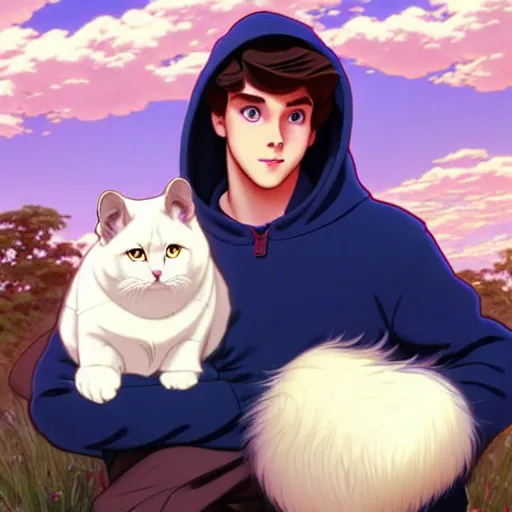 Image similar to teen boy with brown hair and big blue eyes, wearing a hoodie, holding a fluffy white persian cat, natural lighting, path traced, highly detailed, high quality, digital painting, by don bluth and ross tran and studio ghibli and alphonse mucha