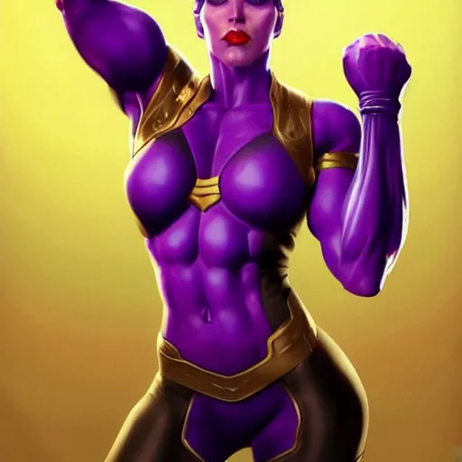 Prompt: thanos as a feminine beautiful muscular woman dressed as a battle nun, red lips, attractive, highly detailed full body portrait, pretty face, elegant, breathtaking art, concept art, by artgerm and ilya kuvshinov