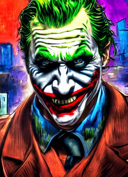 Prompt: abstract portrait of the joker in gears of war, city in the background, the joker 2 0 1 9, studio lightning, beautiful face and eyes, rule of thirds, face symmetry, colourful spray paint splatters, expressive, fine art, by vincent van gogh, 4 k, 8 k, correct body proportion, vivid cinematic style