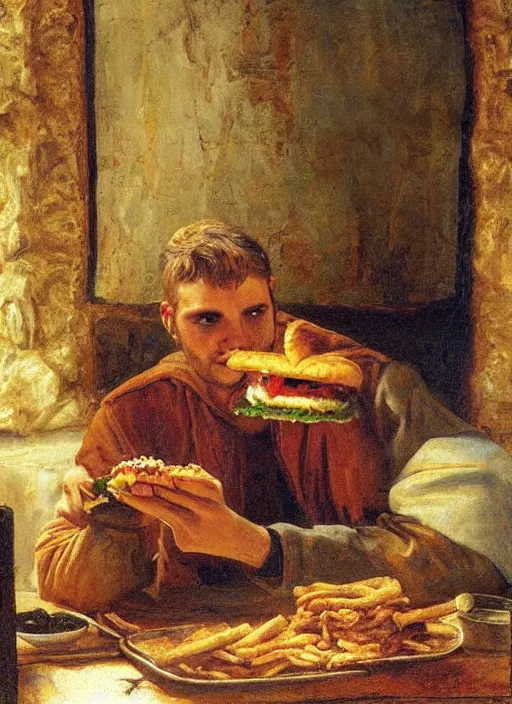 Image similar to young man eating a burger in a medieval dinning room, surrounded by starving people in front of a giant painting, extremely realistic and highly detailed painting by gaston bussiere, soft light, gold ratio