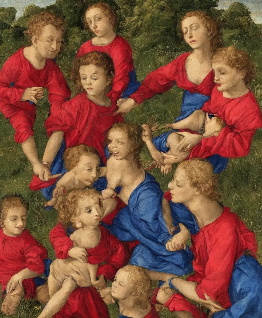 Prompt: Detailed Portrait of Madonna. In the Foreground is a Madonna with red shirt and blue cloth and two boys playing in the style of Raffael. Curly red hair. The boys are very small and only clothed with blue linen. They are sitting in a dried out meadow. One boy is playing with a cross. She is holding the other one back. Middleground is empty. On the horizon in the golden ratio, there is a lake with a town and mountains. Flat perspective.