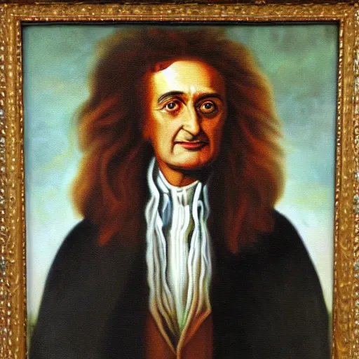 Prompt: oil painting portrait of the lovechild of Isaac Newton and Albert Einstein