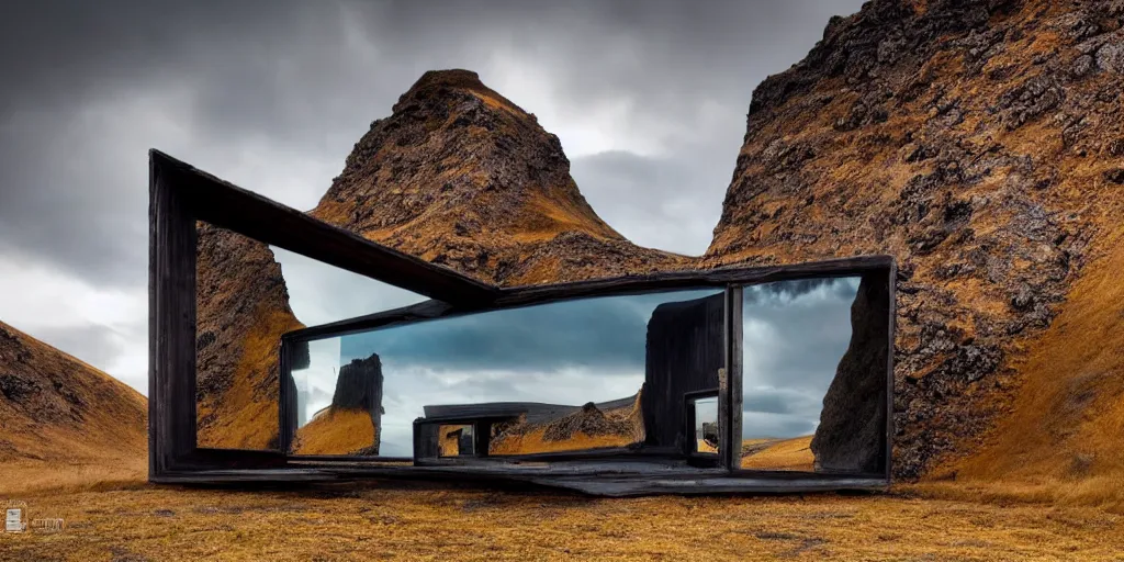 Prompt: futuristic architect house made from deconstucted burnt wood and mirrors, floating, portal, refraction, iceland landscape photography, by lurie belegurschi and gunnar freyr