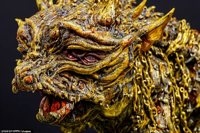 Prompt: photo taken of an epic intricate, ultra detailed, super realistic sculpture of a wet bloodied slimy nightmarish hellish demonic doglike creature on display in a workshop, created by weta workshop, full body shots, photorealistic, sharp focus, f 0. 4, face centred, macro photography, golden ratio,