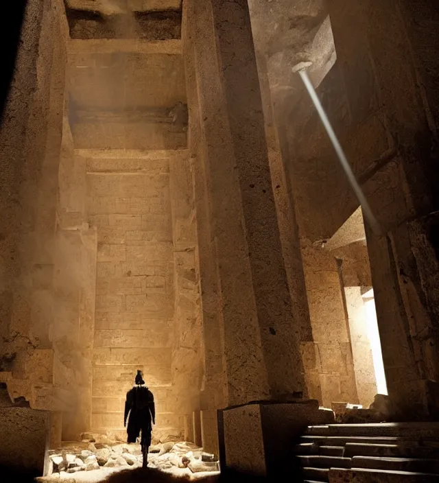 Image similar to punisher symbol is giant entrance into ancient egyptian temple with luminous smoke and light rays.