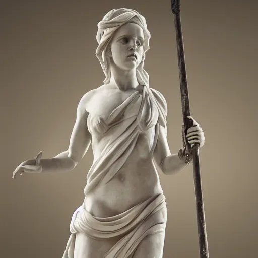 Prompt: a realistic greek white marble statue of emma watson wearing a ghostly toga brandishing a spear, displayed in a museum art gallery, moody, dramatic lighting, dark, photorealistic, cinematic scene, super detailed, hyper realistic, bright lights, 8 k