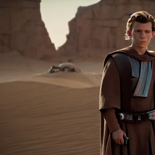 Prompt: tom holland plays anakin skywalker in the live action remake of star wars revenge of the sith, 3 5 mm photography, highly detailed, cinematic lighting, standing pose, holding a lightsaber, tatooine in the background, 4 k