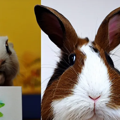 Image similar to a rabbit proudly posing next to a painting of a guinea pig