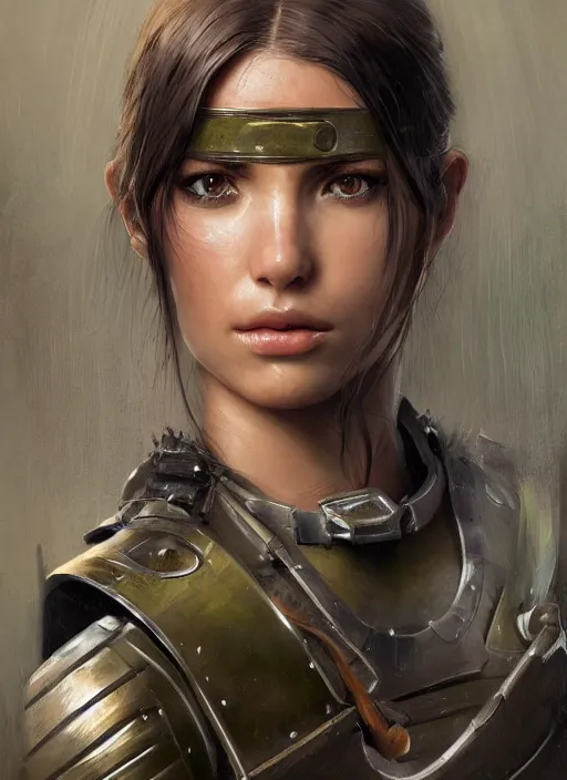 Image similar to a professionally painting of an attractive young girl, partially clothed in battle armor, olive skin, long dark hair, beautiful bone structure, perfectly proportioned, symmetrical facial features, intricate, elegant, heroic pose, digital painting, concept art, smooth, sharp focus, finely detailed, beautifully framed, from Metal Gear, in the style of Greg Rutkowski and William-Adolphe Bouguerea, trending on Artstation, award winning