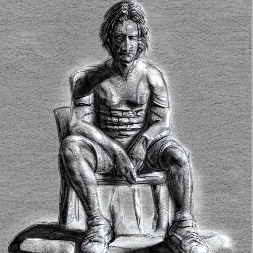 Image similar to rock dude sitting in a stone chair looking at his hands, in the style of stepehn gemmel, charcoal and ink on cold pressed paper, zbrush, high detail, atmospheric