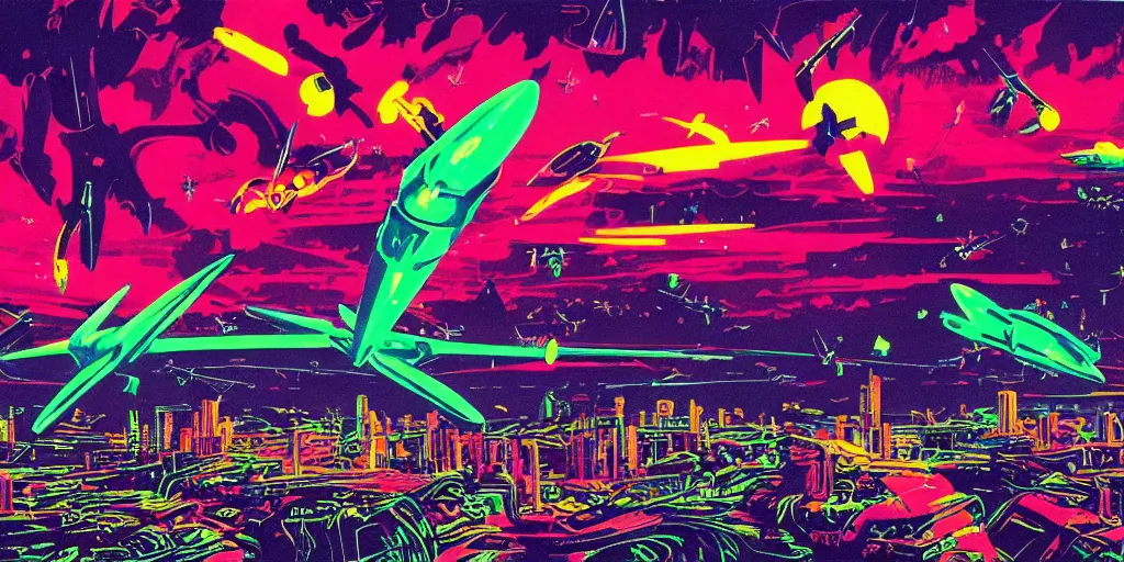 Prompt: a silkscreen postcard depicting the bay of san juan puerto rico, during a battle of futuristic chrome flying battle ships, at night, chaotic battle scenes with flying hyper ships in the air, at night, the tropicalcore and synthwave city lights shine, densely populated metropolitan city is vibrant with neon signs and activity, a bioluminescent shield protects all inhabitants in the style of greg rutowski, by james gurney, by frank miller