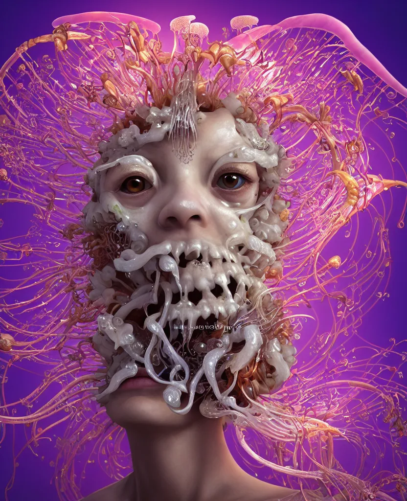 Prompt: close-up portrait of the face of a beautiful princess in a twisted flowers orchid jellyfish mask surrounded by energy flow, epic angle and pose, symmetrical artwork, 3d with depth of field, blurred background, floating jellyfish skull phoenix bird, translucent, nautilus, energy flows of water and fire. a highly detailed epic cinematic concept art CG render. made in Maya, Blender and Photoshop, octane render, excellent composition, cinematic dystopian brutalist atmosphere, dynamic dramatic cinematic lighting, aesthetic, very inspirational, arthouse. y Greg Rutkowski, Ilya Kuvshinov, WLOP, Stanley Artgerm Lau, Ruan Jia and Fenghua Zhong