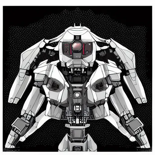 Image similar to very detailed mecha thumbnail art, greyscale in vector art, very symmetrical, by inzvy, science fiction, artstation, pinterest, adobe photoshop
