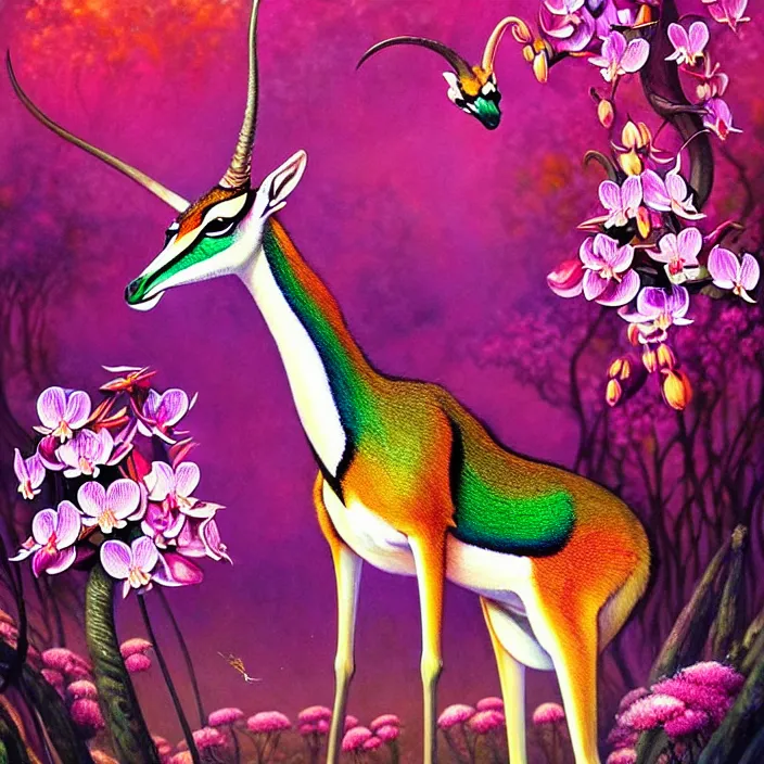 Image similar to extremely psychedelic gazelle made of orchid and cherry blossom tree and mushroom, LSD, diffuse lighting, fantasy, intricate, elegant, highly detailed, lifelike, photorealistic, digital painting, artstation, illustration, concept art, smooth, sharp focus, art by John Collier and Albert Aublet and Krenz Cushart and Artem Demura and Alphonse Mucha