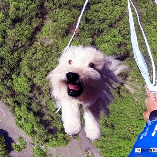 Image similar to a hairy dog with a big parachute jumping from a cliff. captured by a drone. wide camera. epic