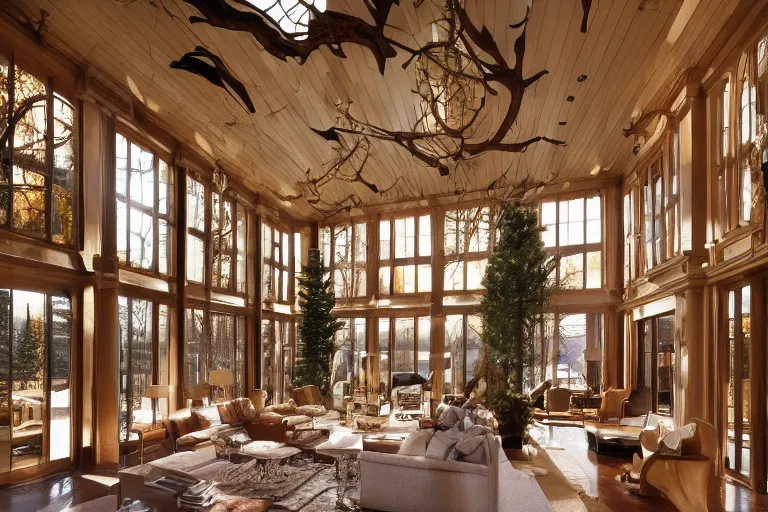 Image similar to interior of a beautiful contemporary mansion in Aspen, skybridges, turrets, golden hour, light snow, snowflakes falling outside, sunbeams, volumetric lighting, by Emmanuel Lubezki