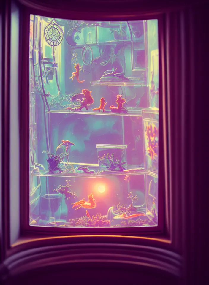 Image similar to telephoto 7 0 mm f / 2. 8 iso 2 0 0 photograph depicting the feeling of chrysalism in a cosy safe cluttered french sci - fi ( ( art nouveau ) ) cyberpunk apartment in a pastel dreamstate art cinema style. ( cat ) ( ( fish tank ) ), ambient light.