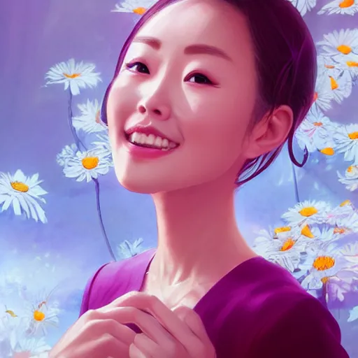 Image similar to portrait of hong jin - young, 홍진영, smiling with flowers in hands. sharp focus, cinematic pose, cinematic lighting, unreal engine render. art by josan gonzales and moebius and deathburger.