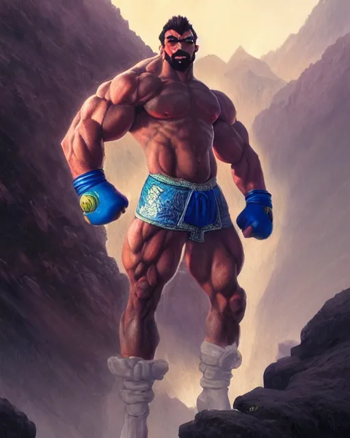 Image similar to gigachad luigi bodybuilder fighting like street fighter in mountain, fantasy character portrait, ultra realistic, anime key visual, full body concept art, intricate details, highly detailed by greg rutkowski, ilya kuvshinov, gaston bussiere, craig mullins, simon bisley