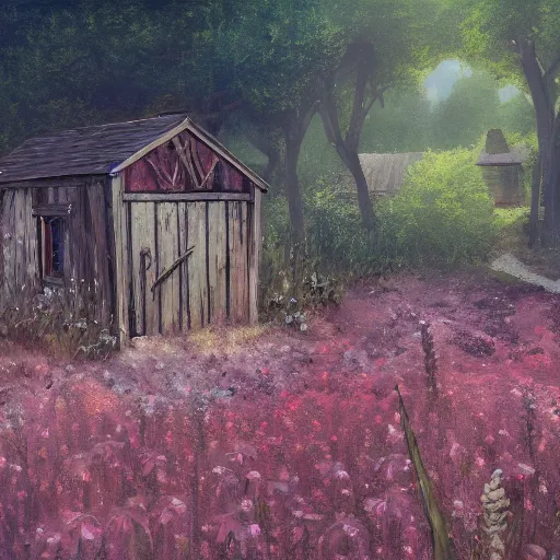 Image similar to a matte painting of a midwestern countryside, shack close up, overgrown, patchy flowers, oil painting, pale colors, high detail, 8 k, wide angle, trending on artstation,