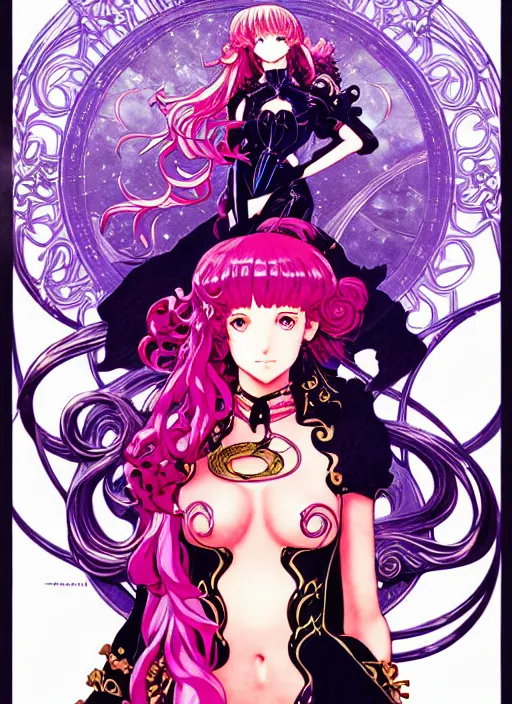 Image similar to art nouveau fate manga poster of princess, long curl hair, armor, ruffles,, fluorescent, illustration, artstation, dark fantastic, highly detailed, 8 k, maximalist, by katsuhiro otomo, shigenori soejima, minaba hideo, jump comics