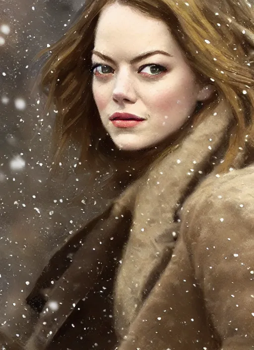 Image similar to emma stone in beige coat, close up face, winter new york, snow, artwork by gaston bussiere, craig mullins, trending on artstation