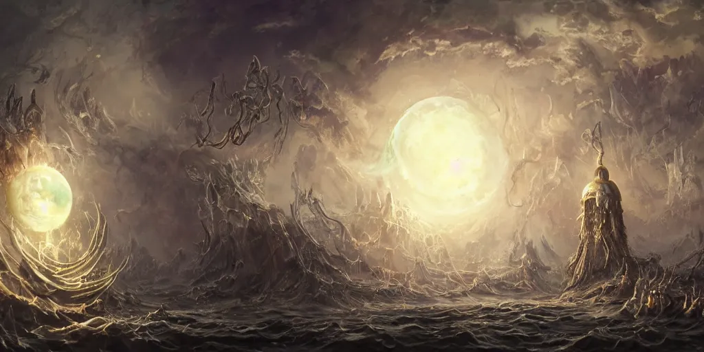 Image similar to concept art of giant translucent glowing jellyfishes, renaissance, divers helmet, lots of teeth, melting horror, round moon, rich clouds, fighting the horrors of the unknown, mirrors, very detailed, volumetric light, mist, grim, fine art, decaying, textured oil over canvas, epic fantasy art, very colorful, ornate, anato finnstark