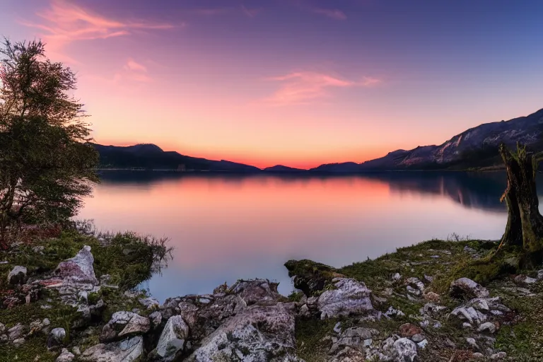 Image similar to landscape of mountains with lake and a dead tree in the foreground , sunset