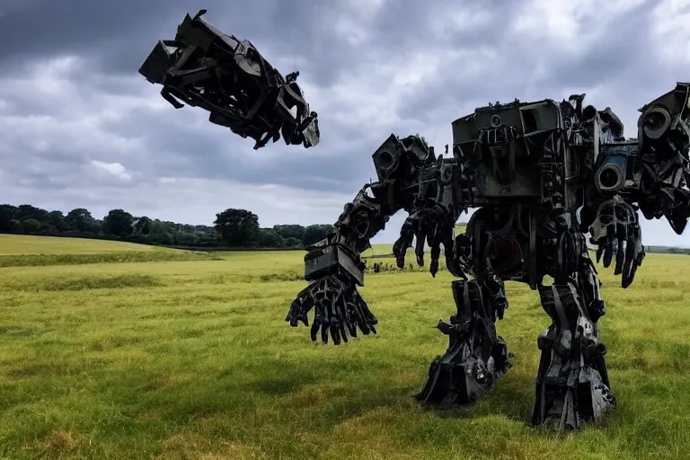 Image similar to beautiful english countryside, a ginormous destroyed mech lies broken in a field