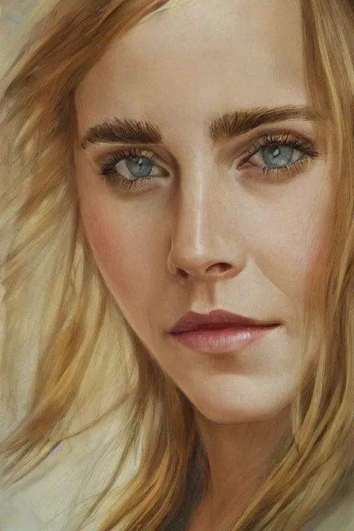 Image similar to An extremely beautiful detailed close up portrait of a blonde haired Emma Watson, green eyes, long hear, round face, artstation, oil painting, award winning