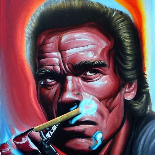 Image similar to A painting Arnold Schwarzenegger from terminator 1984 riding a skateboard smoking cigar, gloomy, portrait, ambient lighting,