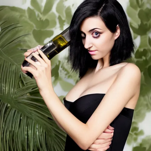 Prompt: raven haired seductive woman with stunning light eyes with a beautiful face, thin nose, fair skin, soft skin, long neck, wearing a tube top