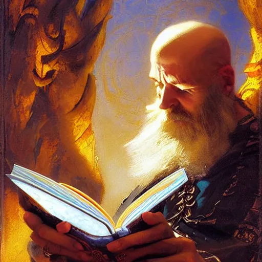 Prompt: stunning male master wizard reading his forbidden magical book, highly detailed painting by gaston bussiere, craig mullins, j. c. leyendecker, 8 k