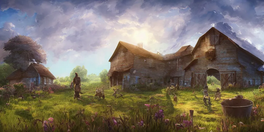 Prompt: an illustration of a house with large barn with gigantic colossal cow with many cute flower pots and beautiful blue sky scenery. earth golem standing in yard, cinematic view, epic sky, detailed, concept art, low angle, high detail, warm lighting, volumetric, godrays, vivid, beautiful, by jordan grimmer, huge scene, grass, art greg rutkowski