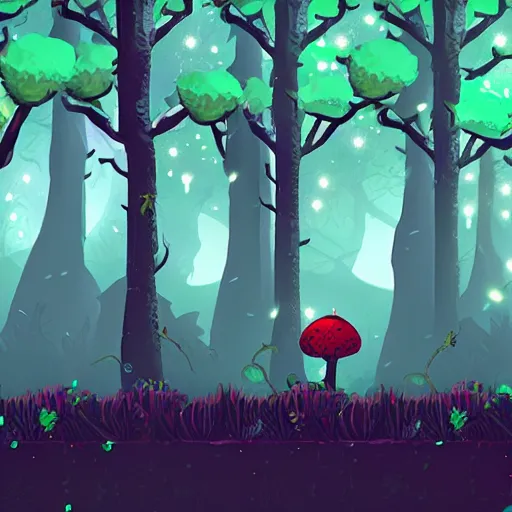 Prompt: enchanted magical mysterious forest, parallax layer from a gorgeous indie platform game, on a black background.
