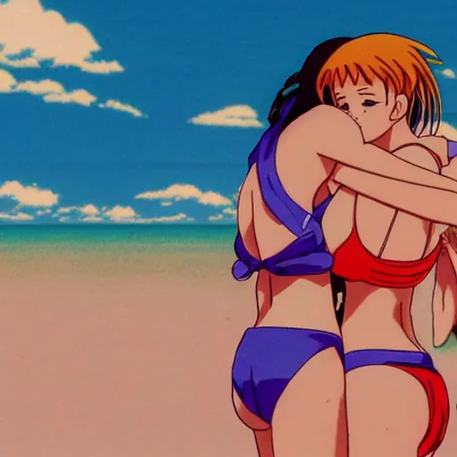 Image similar to two girls in swimsuits at the beach hugging, sprite, vaporwave nostalgia, directed by beat takeshi, visual novel cg, 8 0 s anime vibe, kimagure orange road, maison ikkoku, sketch by osamu tezuka, directed by makoto shinkai and beat takeshi