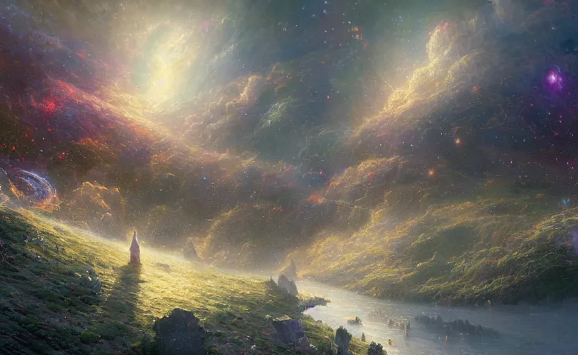 Prompt: the birth of the universe, digital painting by Thomas Kinkade, Greg Rutkowski, Hayao Miyazaki, Moebius, masterpiece digital painting, 4k wallpaper, galaxies of color and intricate detail