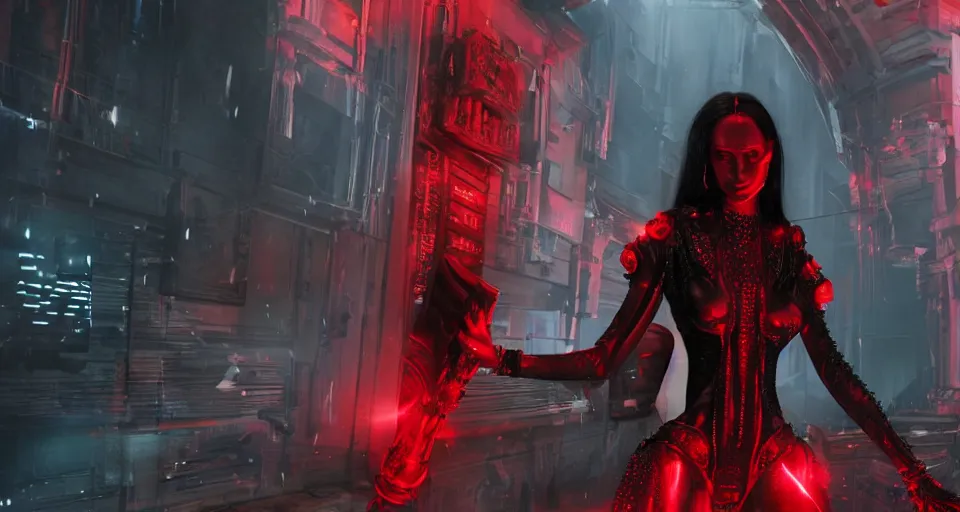 Image similar to a very hot scarlet female necromancer in cyberpunk-plate-armor, Ultra-HD, doing a summoning futuristic ritual with holograms, Volumetric Lighting, Screen Space Global Illumination, Opaque, Optics, Lumen Reflections, VFX, insanely detailed and intricate, hypermaximalist, elegant, ornate, hyper realistic, super detailed, full body, octane render, unreal engine