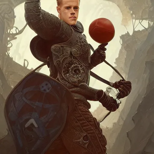 Image similar to Ter Stegen holding a bomb, goalkeeper, football pitch, D&D, fantasy, intricate, elegant, highly detailed, digital painting, artstation, concept art, matte, sharp focus, illustration, art by Artgerm and Greg Rutkowski and Alphonse Mucha