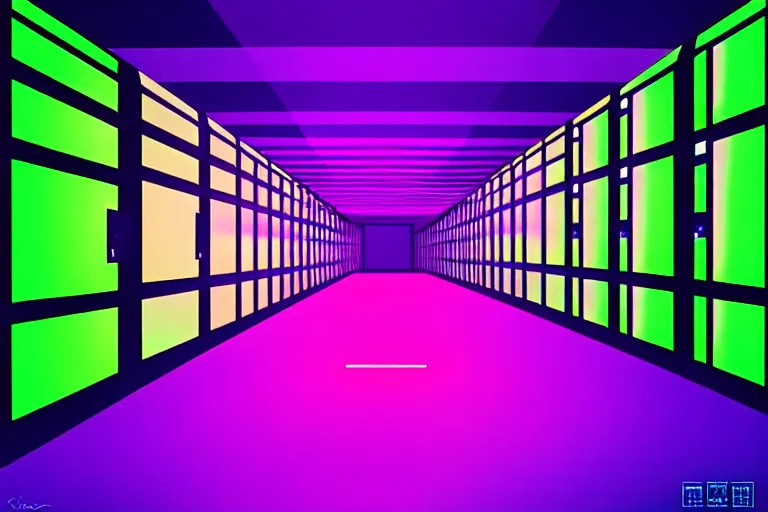 Prompt: realistic robot in a data server room, neon and dark, purple and blue color scheme, by dan mumford and malevich