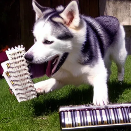 Prompt: a happy husky dog playing the accordian