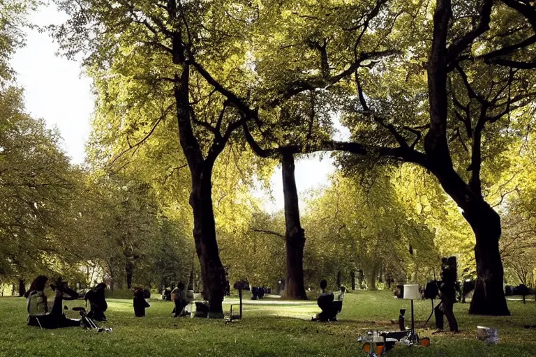 Prompt: cinematography plein air painters in Parc Monceau by Emmanuel Lubezki