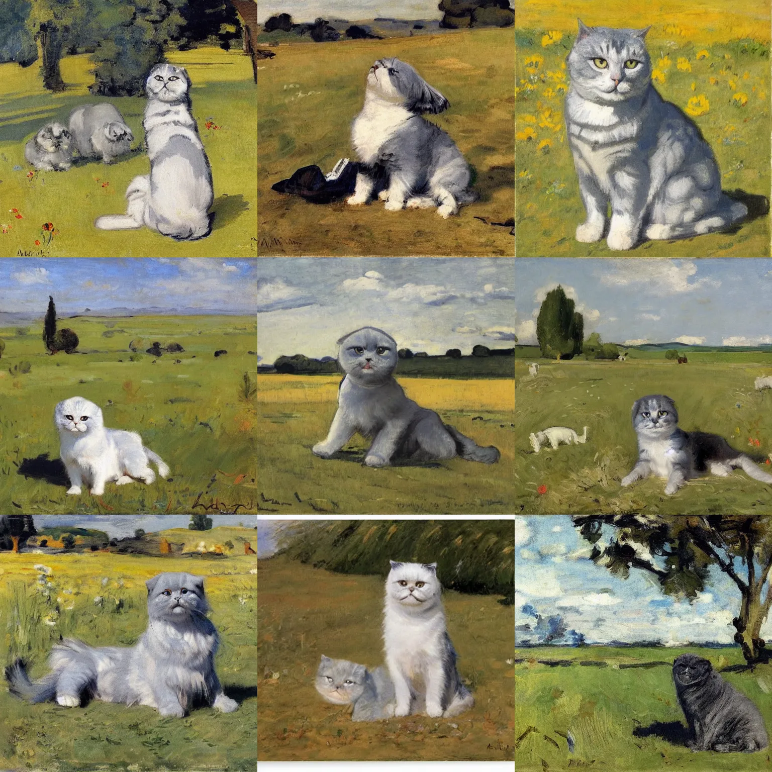 Prompt: a gray scottish fold sitting in the middle of sunny meadow, by alfred henry maurer