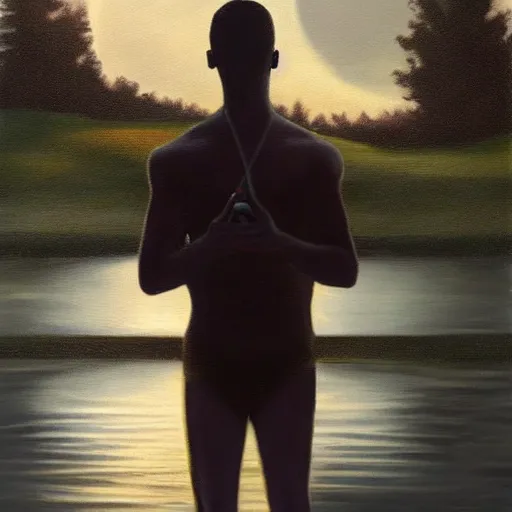 Prompt: a retro realistic painting of a ghost!!! shining in a lake while a black kid! stares at it with a florest! in the background, a scenic view, realistic, volumetric light, detaliesd painting by Naudline Cluvie Pierre, trending on artstation.