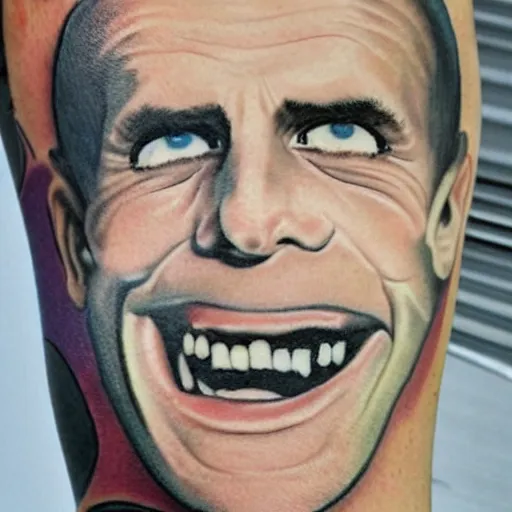 Prompt: tattoo of macron, caricature, silly, mad magazine style