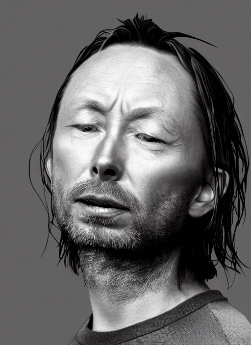 Image similar to A hyper realistic ultra realistic photograph of Thom Yorke with no eyes detailed photorealistic imagery 8k