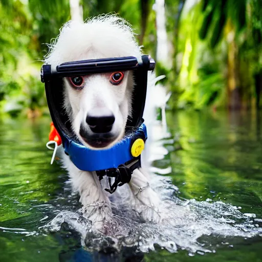 Image similar to photo of borzoi dog wearing diving gear swimming in the amazon rainforest, 4k award-winning animal photography